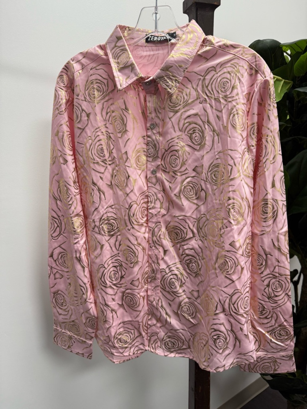 Zeroya Pink Satin Floral Button-Down Shirt